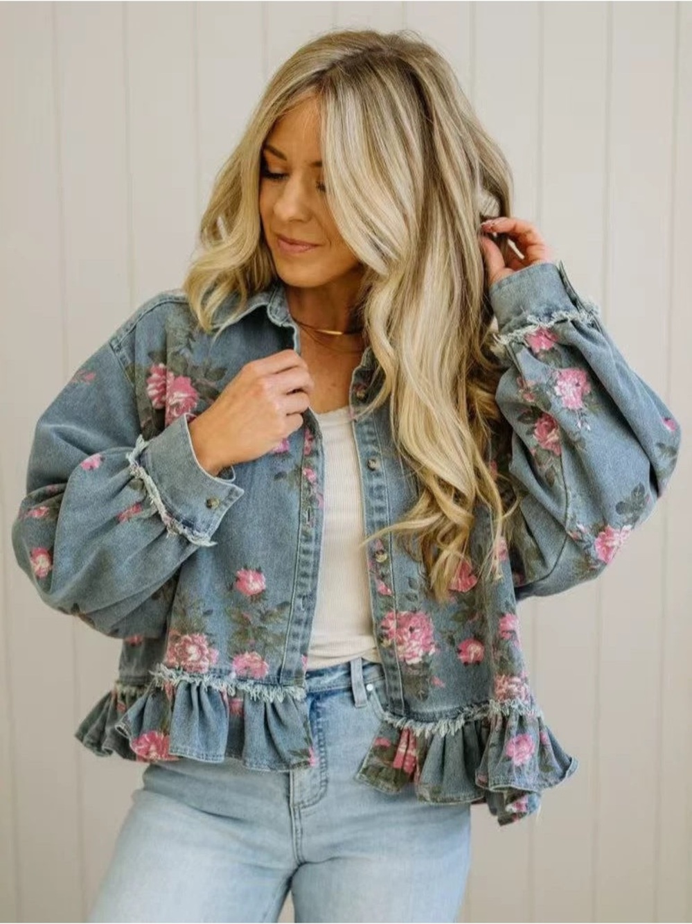 BiBi Peplum Floral Print Denim Shirt Jacket - Picture 4 of 4